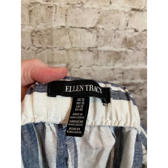 Ellen Tracy Linen Pants Womens 10 Navy & White Striped Beachy Wide Leg Pockets - Picture 14 of 15